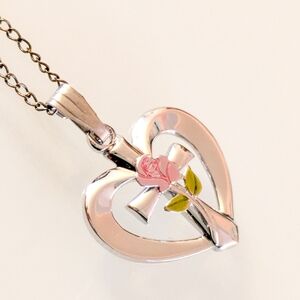 Sterling Silver Heart & Cross Pendant Necklace with Pink Rose